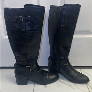 Unisa Black Vegan Leather Knee-High Riding Boots Side Zipper Buckle Details Sz 9